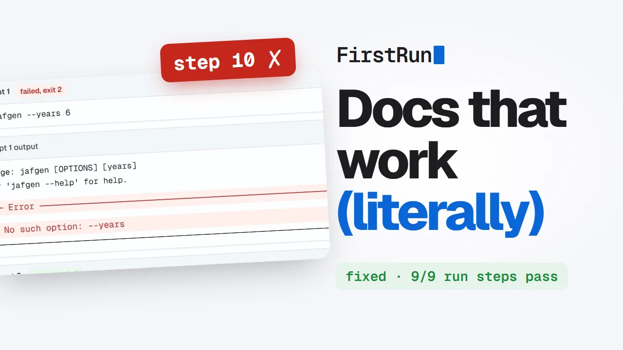 Doc-test thumbnail: step 10 of a quickstart fails with no such option --years, then the fix passes 9 of 9 steps